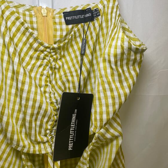 NWT Pretty Little Thing Gingham Cutout Ruched Dress - Size 12 - Chartreuse - Picture 5 of 6